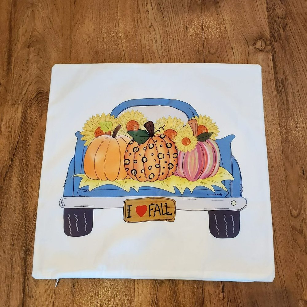 Decorative Pillow Cover, Truck with Pumpkins, I Heart Fall, 18" Square, NWOT